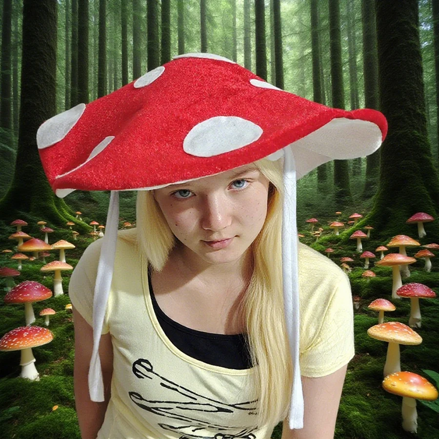 Festival Celebration Mushroom with Rope Hat, Funny Halloween Revival Hat, Spotted Mushroom Ha