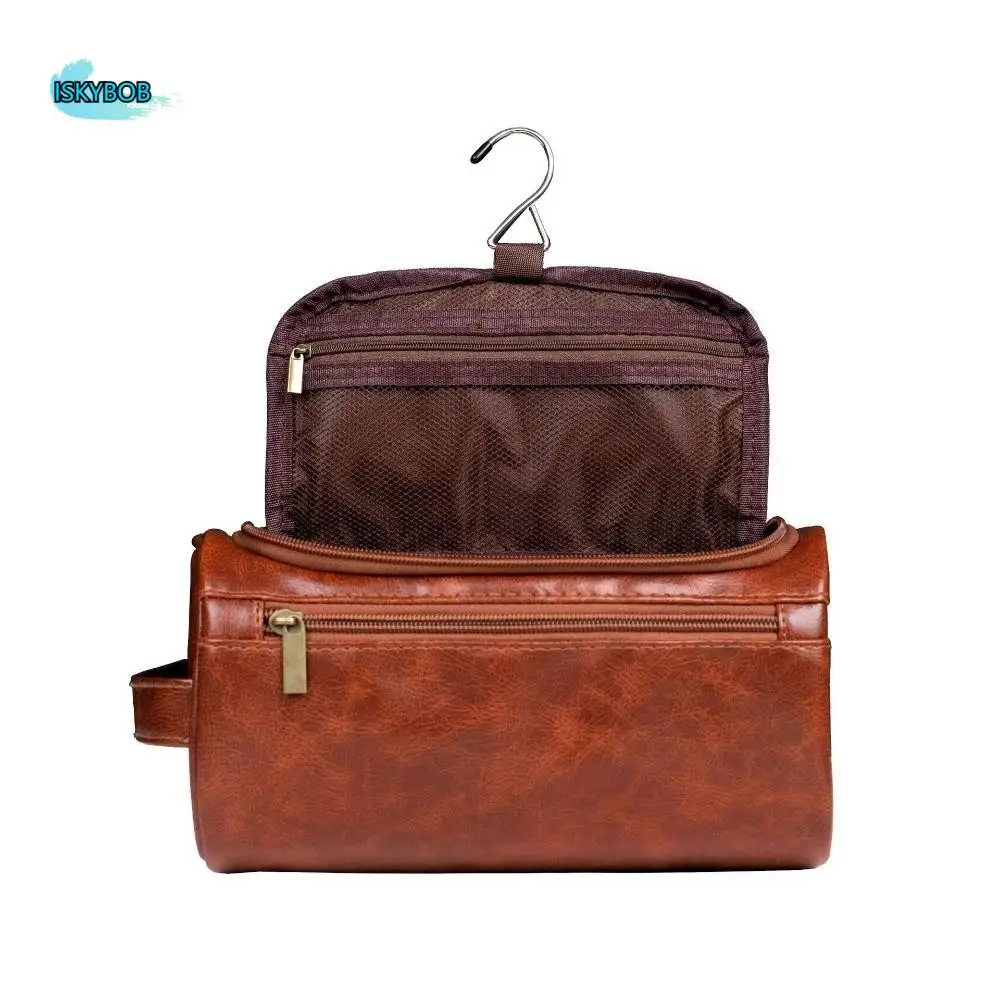 

Retro PU Leather Men Toiletry Bag With Handle with Hanging Hook Makeup Bag Waterproof Handheld Handbag Business