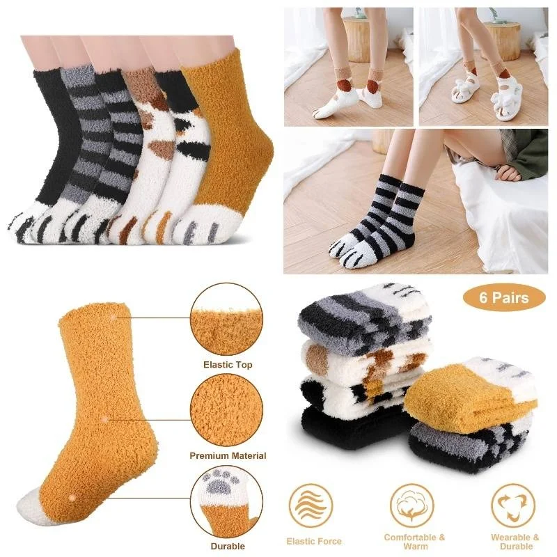 

6 pairs of women's cat paw socks - soft plush winter socks with elastic cuffs, Christmas gift, suitable for cat lovers