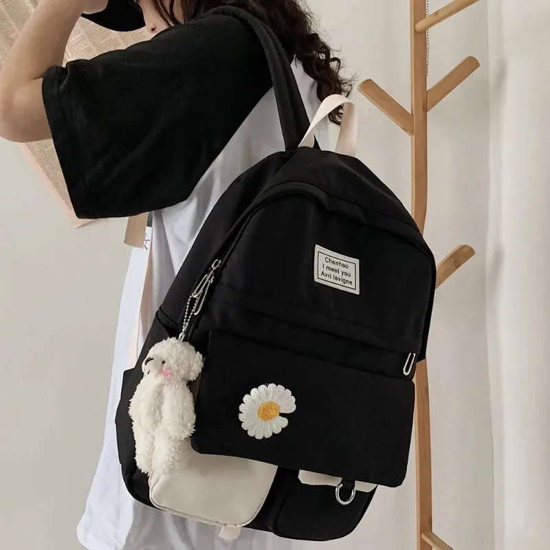 Casual Student Schoolbag Cute Flower Nylon Soft Patchwork Bookbag for Teenagers Kawaii Backpack Female Fashion Trendy Bag