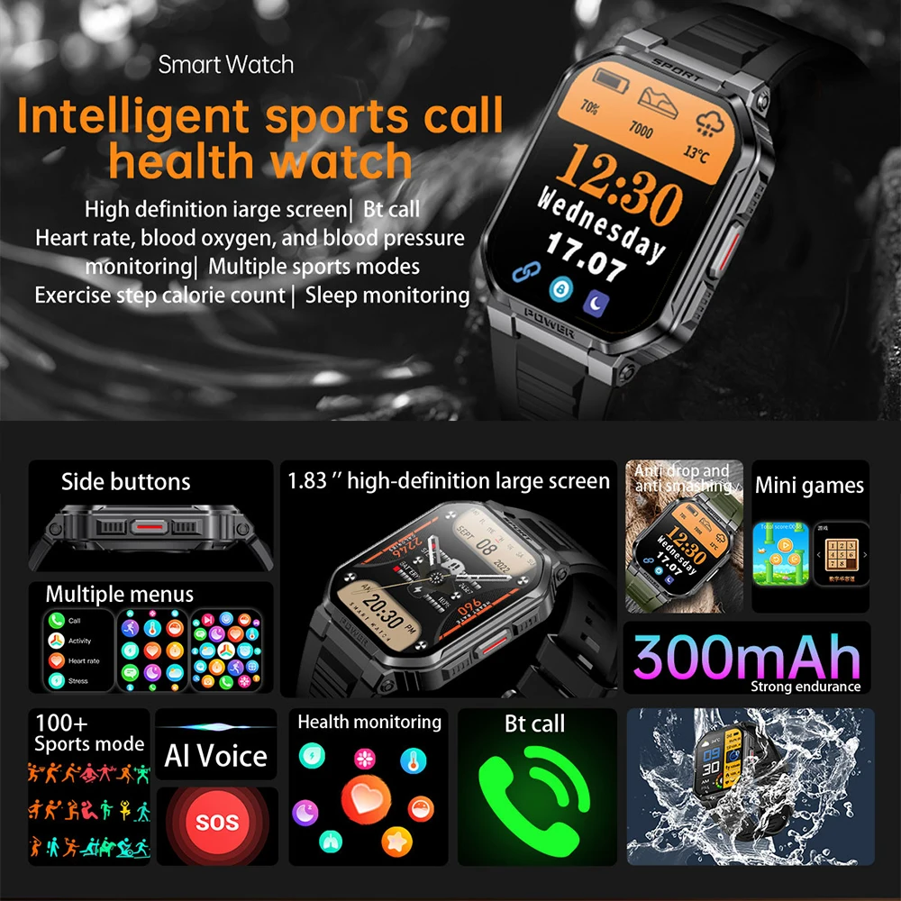 2024 MK67 Rugged Outdoor Smart Watch Bluetooth Calling AI Voice IP68 Waterproof 100+ Sports Modes Fitness Smartwatch Men Women