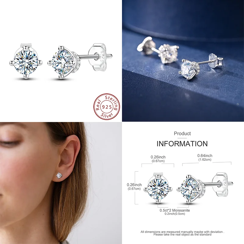 

Серьги-гвоздики с муассанитом, стерлинговое серебро 925 пробы, серьги-кольца с платиновым покрытием, свадебный подарок для невесты с бриллиантами круглой огранки для женщин