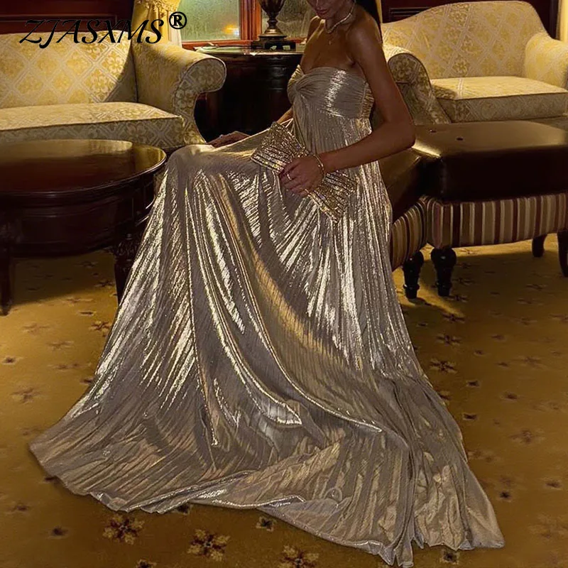 Sexy trägerloses Knick-elegantes Partykleid für Damen, schickes, solides, plissiertes Maxikleid mit hoher Taille, Sommer, rückenfrei, hohl, geteiltes langes Kleid