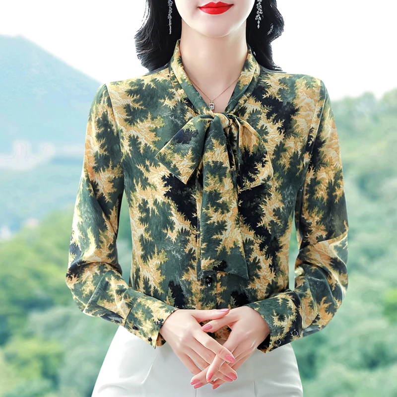 Camicette stampate stile Hong Kong da donna Top streetwear alla moda Camicia casual in chiffon a maniche lunghe allentata con fiocco vintage
