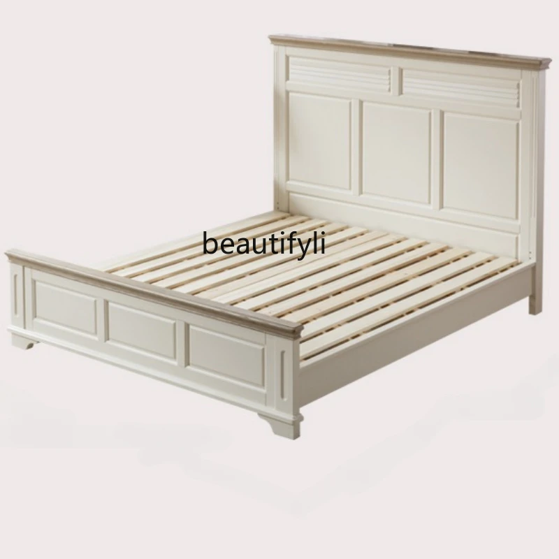 

American-Style Pure Solid Wood Bed White Pastoral Style Double Bed & Breakfast 1.8 M Big Bed Holiday House in the Sea Style