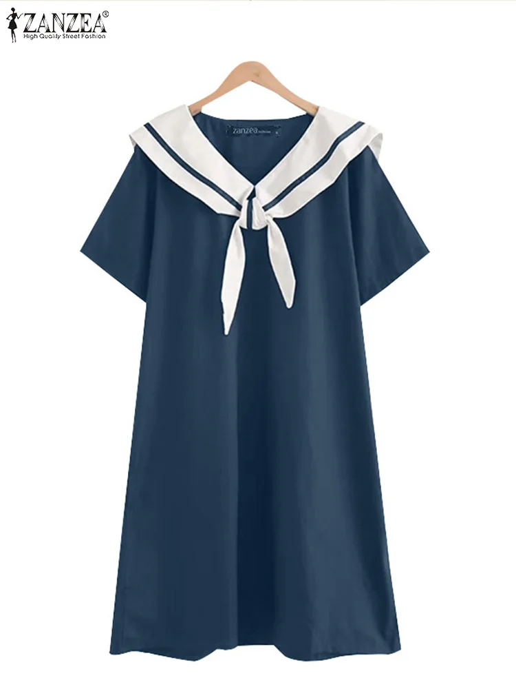 ZANZEA demi manches élégant genou longueur robes femmes décontracté col marin contraste-couleur T-Shirt robe 2025 été robe d'été
