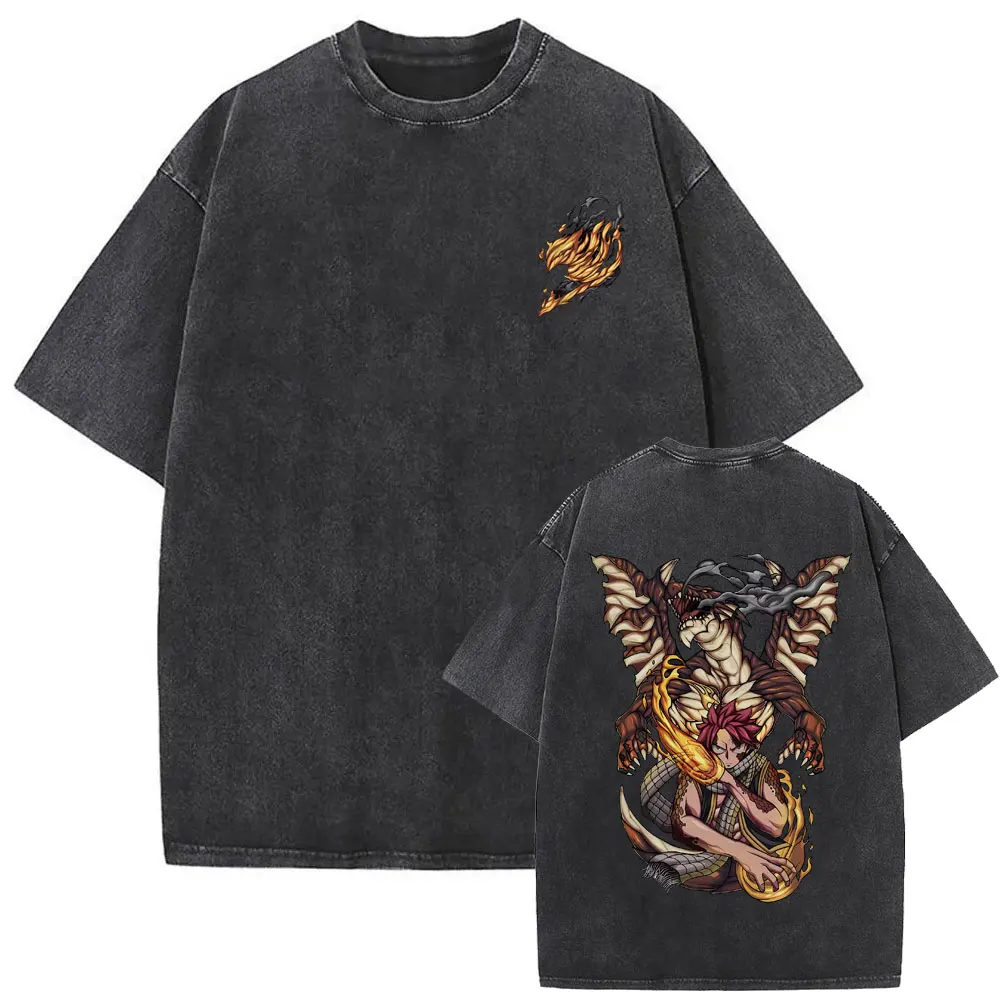 Washed Vintage Anime Anime Fairy Tail Logo Graphic T-shirt Men Women Manga Oversized T Shirts Male Casual Retro Cotton T-shirts