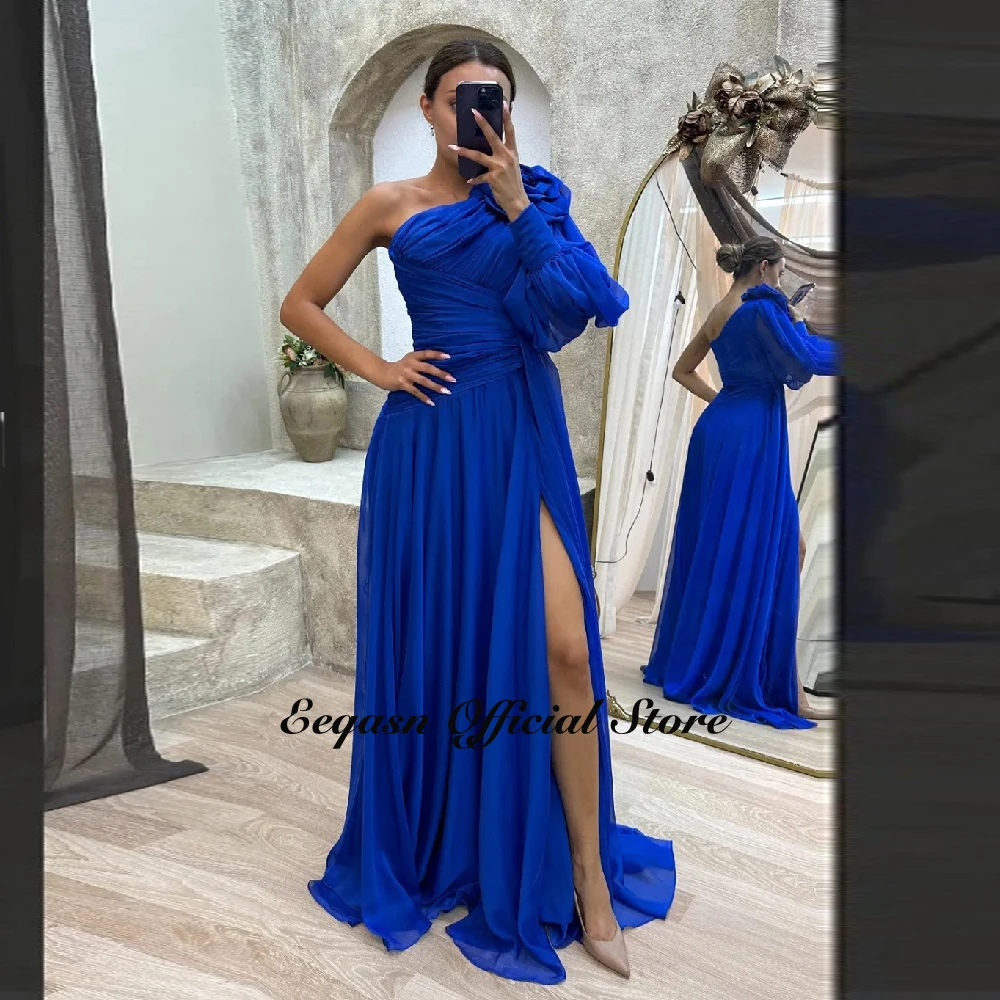 Customized One Shoulder Evening Dress A-Line Chiffon Long Sleeve Ruched Floor Length Split Formal Dresses Women Party Gown