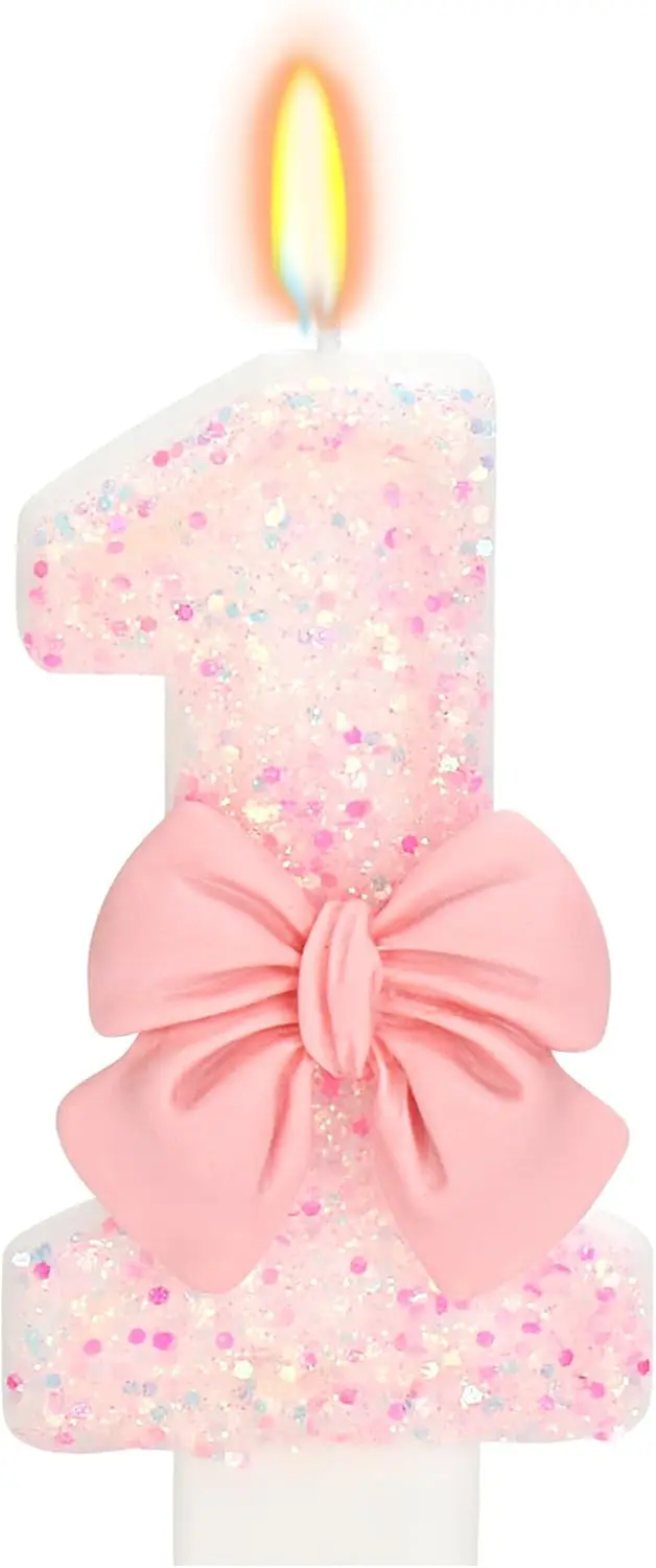 Birthday Candle for Cake, 1 Candle - Pink Glitter with Bowknot, 2.76 inch Happy Birthday Candle, Cake Topper Decoration for 1 Ye