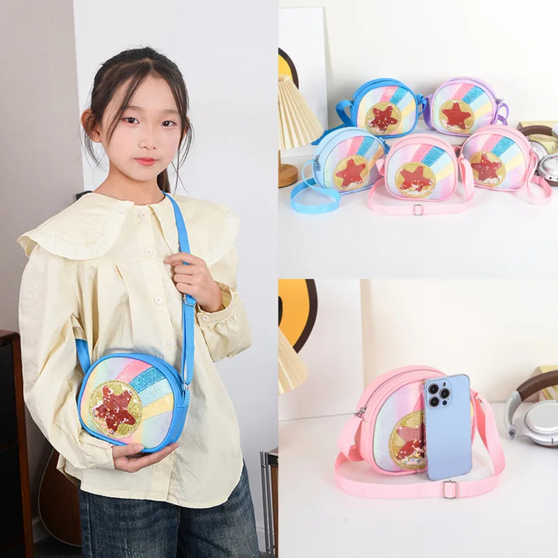

PU leather shiny rainbow star sand children's single-shoulder bag, cute girls' round lightweight crossbody coin purse