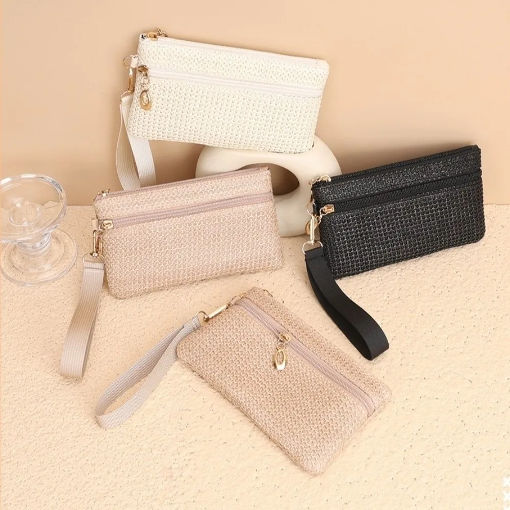 

New Double Zipper Straw Wallet Zipper Closure Handmade Coin Purse Durable Straw Woven Texture Card Holder For Lady
