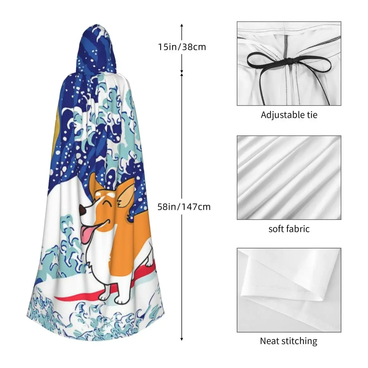 Custom Corgi Dog Surfing The Great Wave Long Hooded Cloak Witch Medieval Costume Cosplay Cape HalloweenVampire Adult Unisex