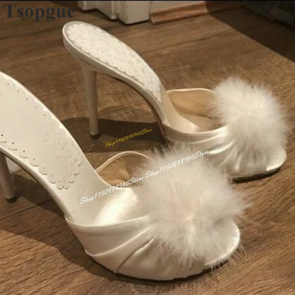 

Elegant White Satin Fur Stylish Slippers Thin High Heel Shoes For Women Slip On Peep Toe 2024 Fashionable Zapatos Para Mujere