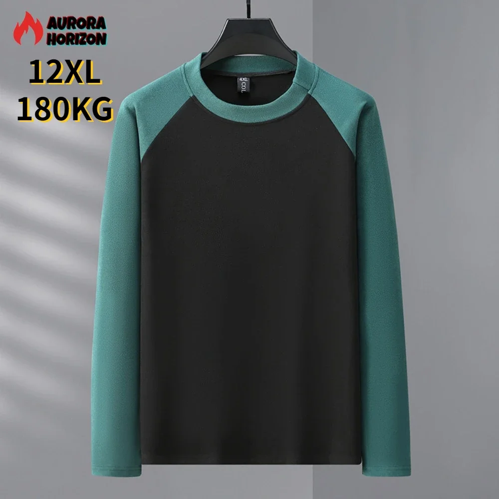 

ZOZOWANG 2024 Patchwork Color Men's Fleece Bottoming Shirt Plus Size 11XL 12XL 180KG Loose Winter Warm Sweatshirt Pullover