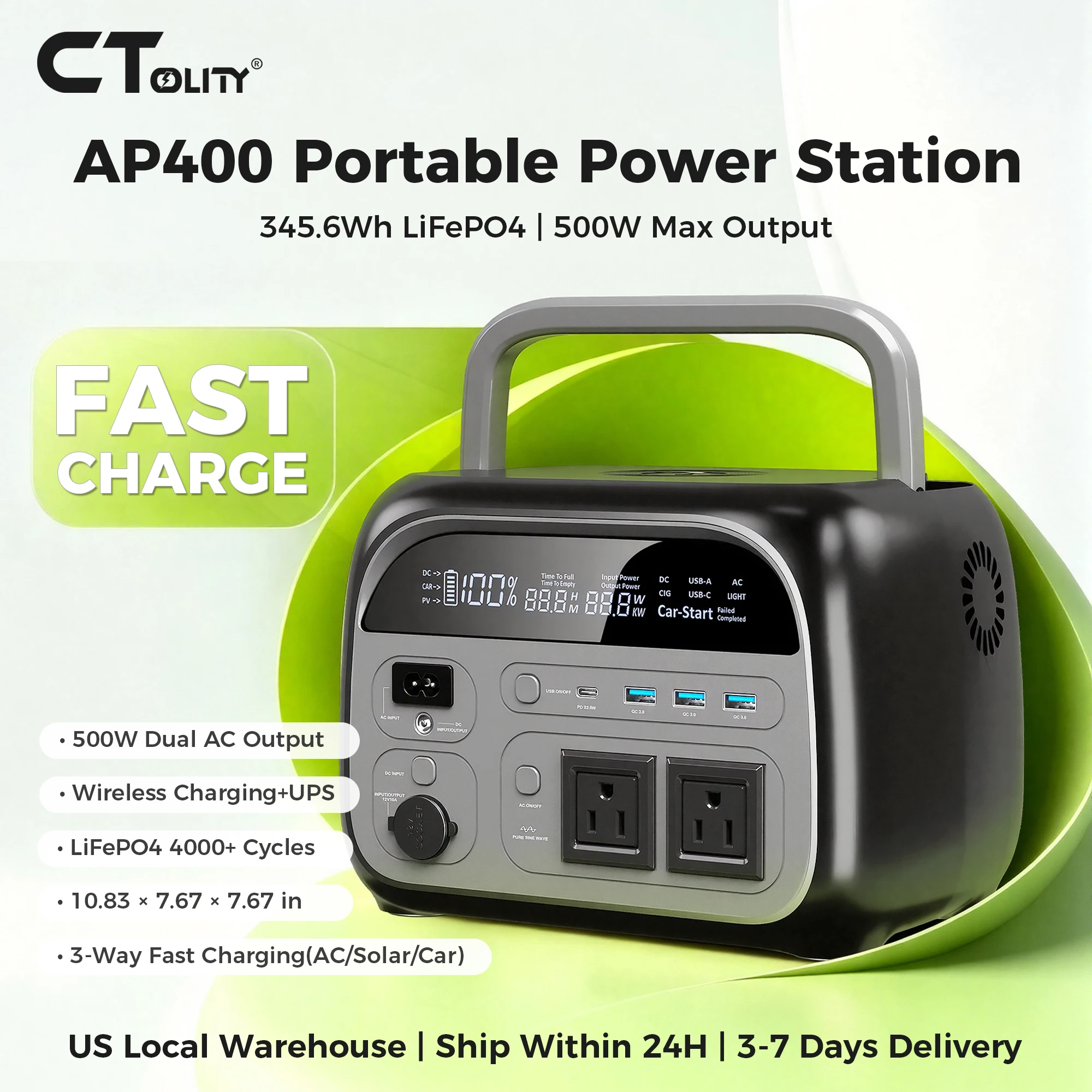 CTOLITY AP400 345.6Wh Portable Power Station 500W Power bank, LiFePO4 Solar Generator with 150W Solar Input, UPS Backup Battery, Wireless Charging, AC/DC/USB Output for Camping Home Emergency