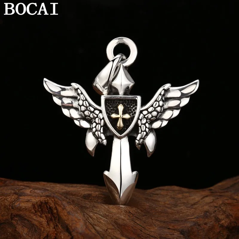 

BOCAI Новый S925 Стерлингового Серебра Ретро Личность Китайский Стиль Крылья Меч Крест Подвеска