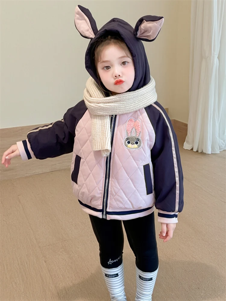 

Thiened Cotton Jaet for Girls Rabbit Police Officer Sle Faionable Autumn Winter Coat Warm Fluffy Hooded Zipper Closure