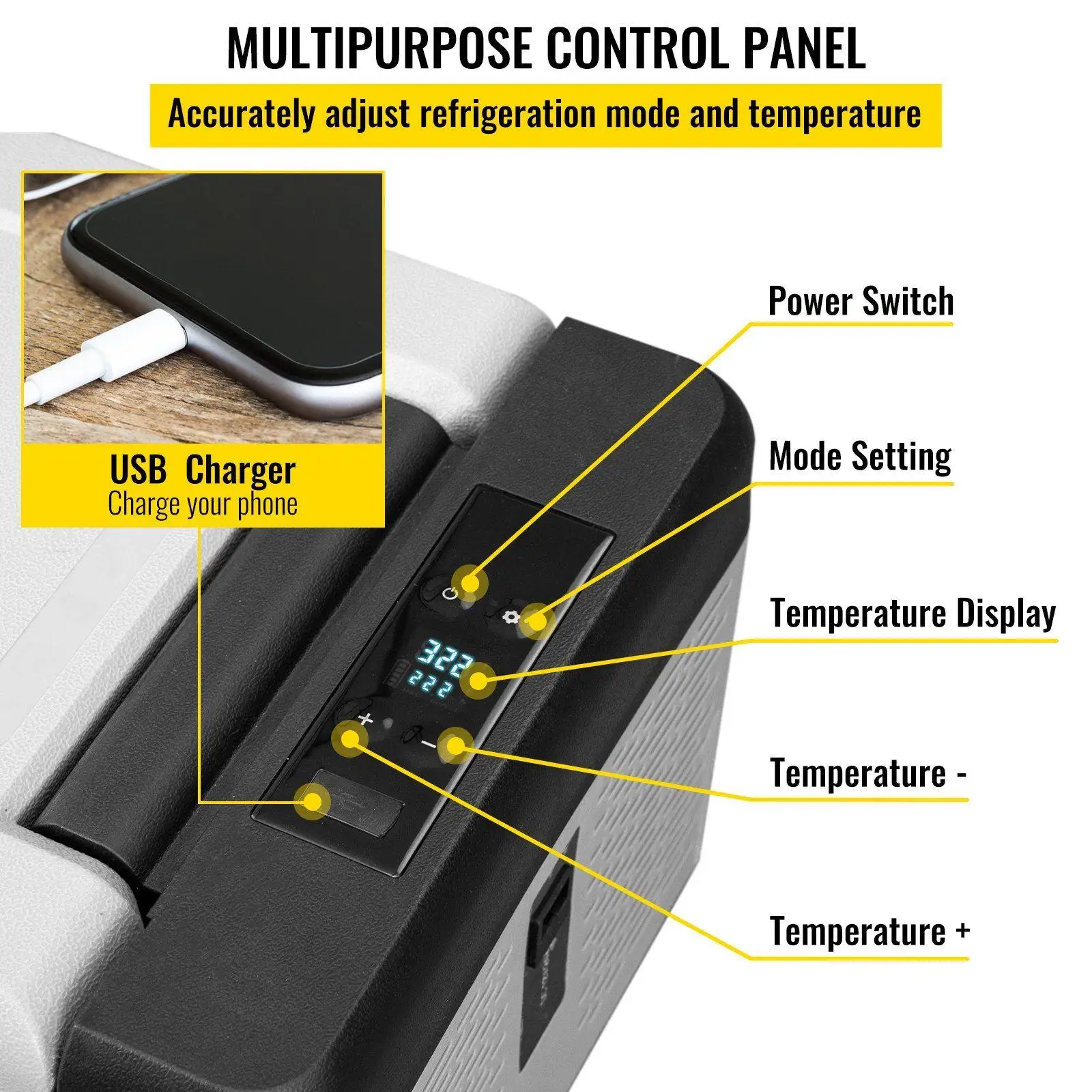 Kulkas Mobil 10Qt dengan Kompresor -20C hingga 20C Catu Daya Ganda 12/24V DC 110-240V AC Kontrol Aplikasi Port USB Ringkas