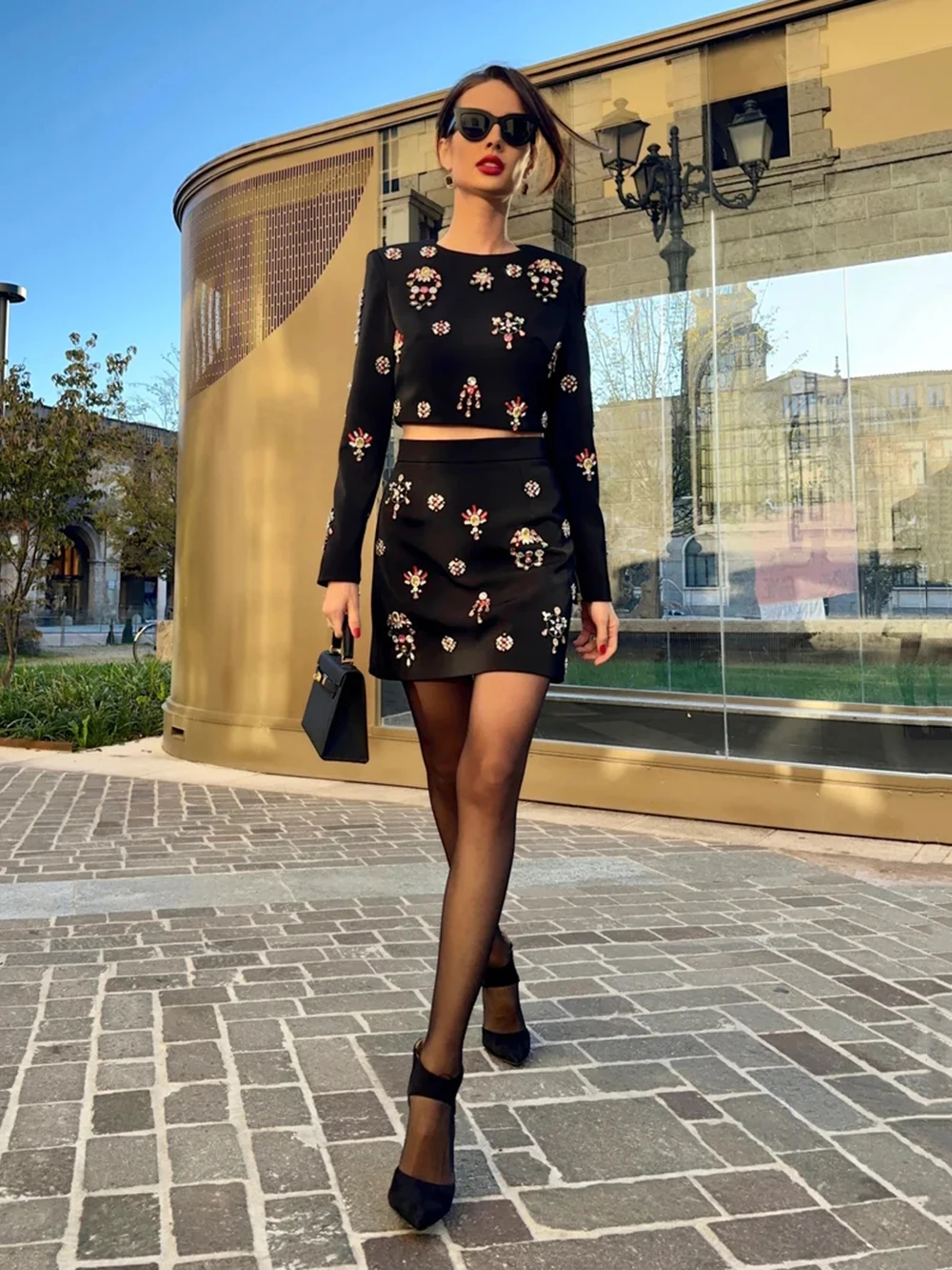 2023 Autumn New Women\'s Black Sexy Heavy Industry Beaded Diamond Long Sleeve Short Top&High Waist Skirt Two Piece Party Set