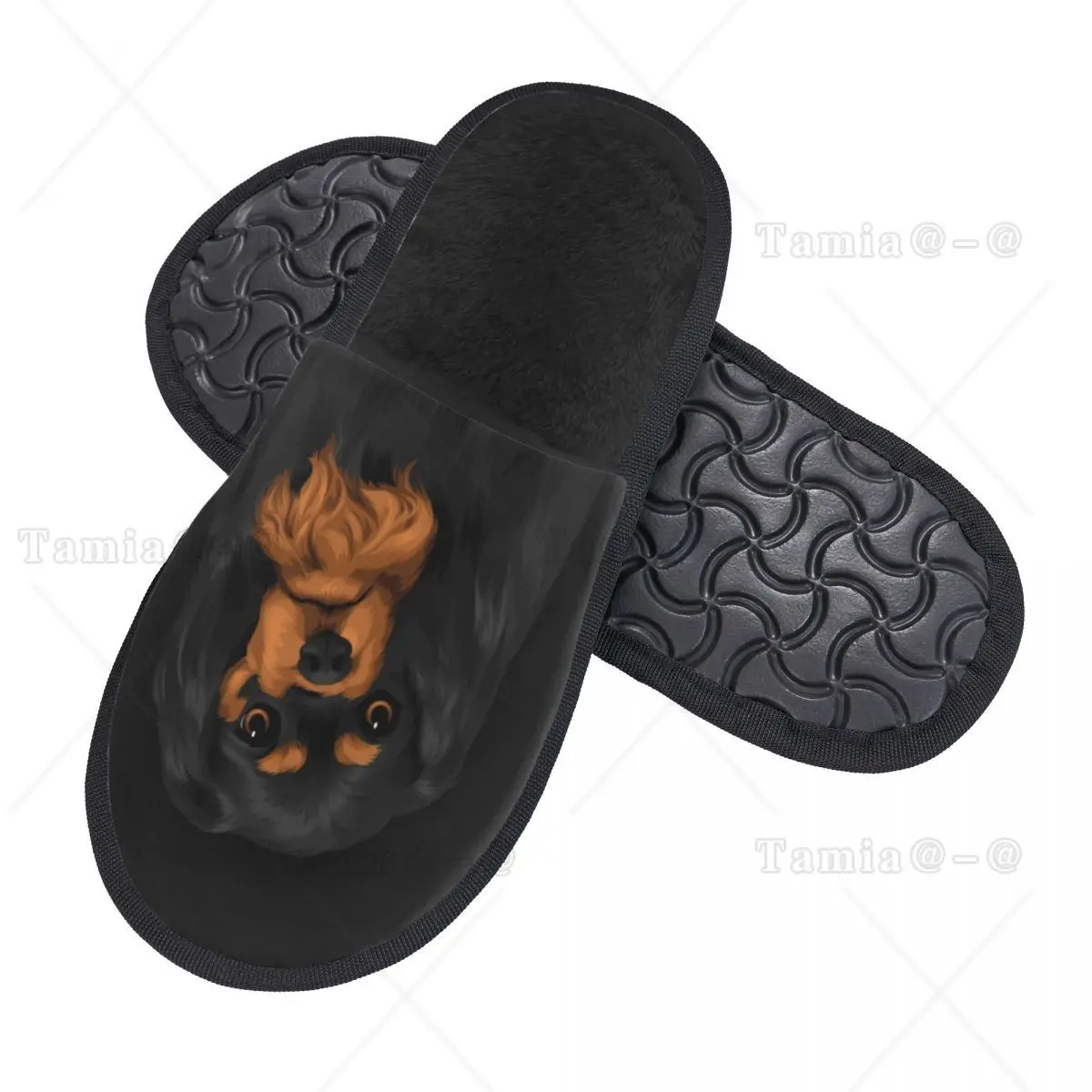 Tilted Black Cavalier King Charles Spaniel Cozy Scuff Memory Foam Slippers Women Dog Lover Spa House Shoes