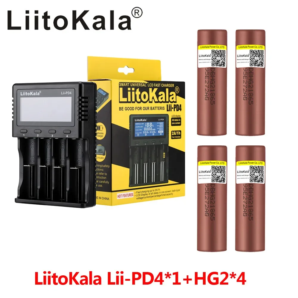 

LiitoKala Lii-PD4 18650 battery charger + 4pcs 3.7v 18650 HG2 3000mAh Lithium Rechargeable Batteries Continuous Discharge 30A