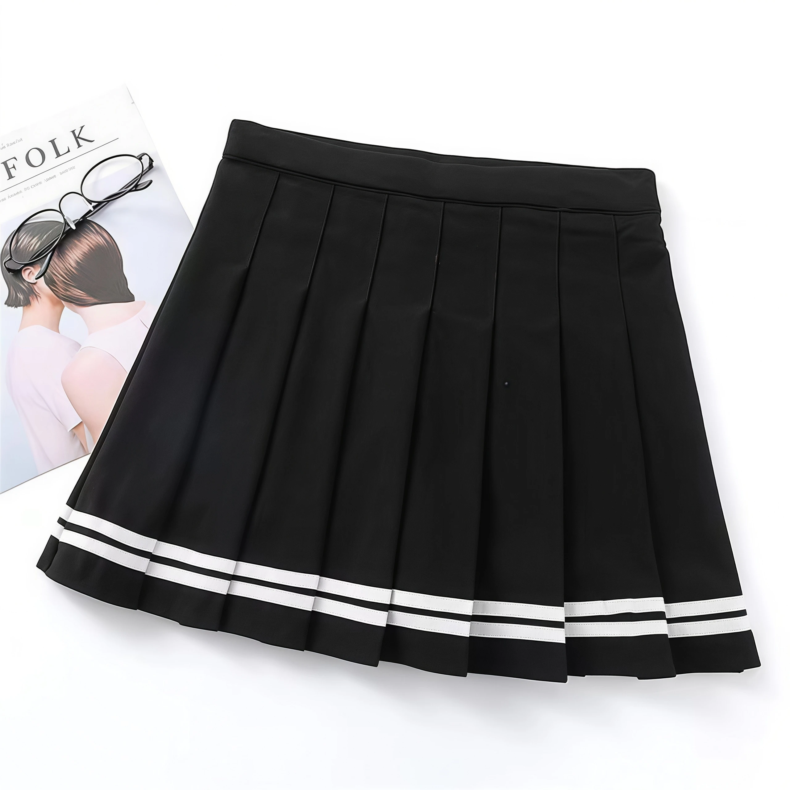 Damen-Minirock mit hoher Taille, plissiert, schwarz, gestreifter Saum, A-Linie, Preppy-Stil, JK-Uniform, kurzer Rock mit Innenhose – Detail 8