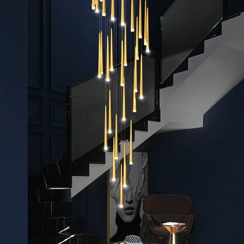 Golden Tapered Chandelier LED Modern Living Room Pendant Light Indoor Kitchen Lamp High Building Staircase Suspension Luminaire