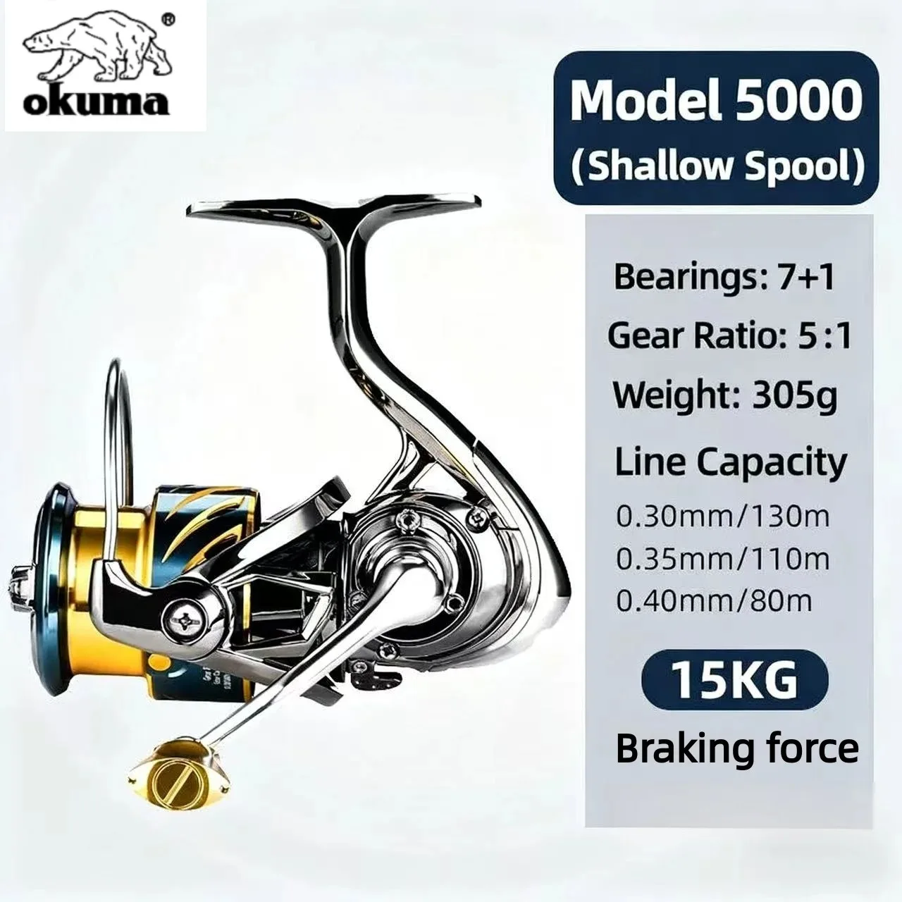 OKUMA 1000-7000 Vollmetall-Spinnrolle 7+1 Lager 5.1:1 Übersetzungsverhältnis 5KG Max. Bremskraft Universelle Köderrolle für Meer- und Süßwasser – Detail 24