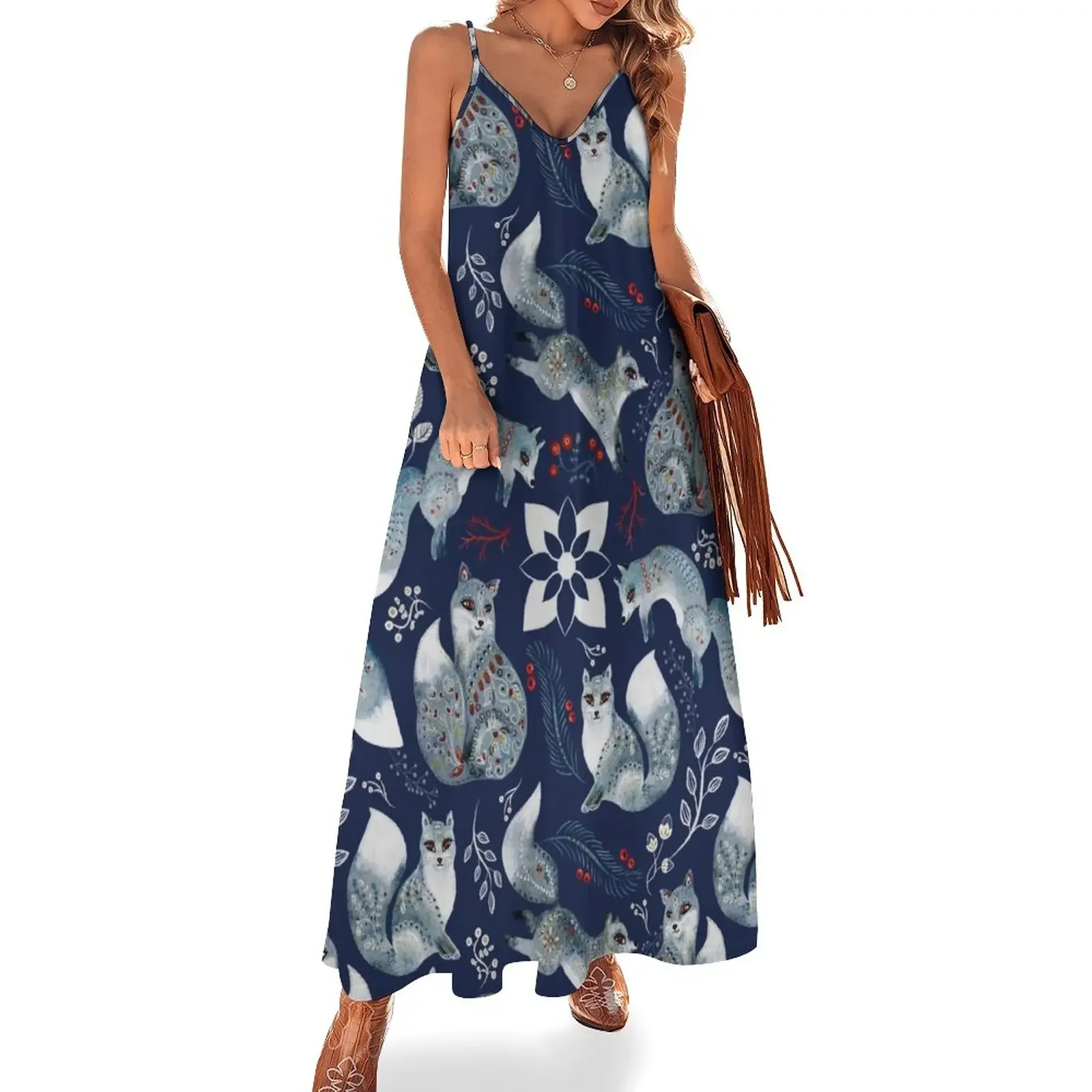 

Watercolor fox folk pattern - Blue Sleeveless Dress women party dresses womens clothing wedding dresses for parties