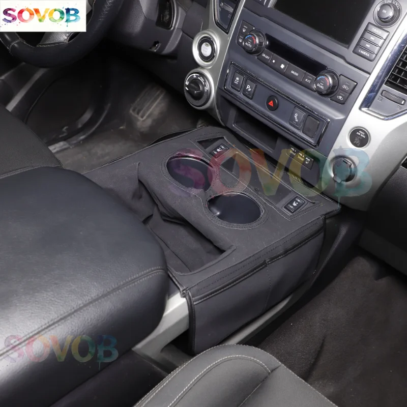 for-nissan-titan-2016-2023-high-solid-sheepskin-leather-black-car-center-console-protective-cover-trim-interior-car-accessories