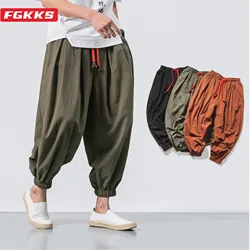 FGKKS-pantalones bombachos holgados de lino chino para hombre, pantalón de chándal informal de gran tamaño, de alta calidad, para primavera