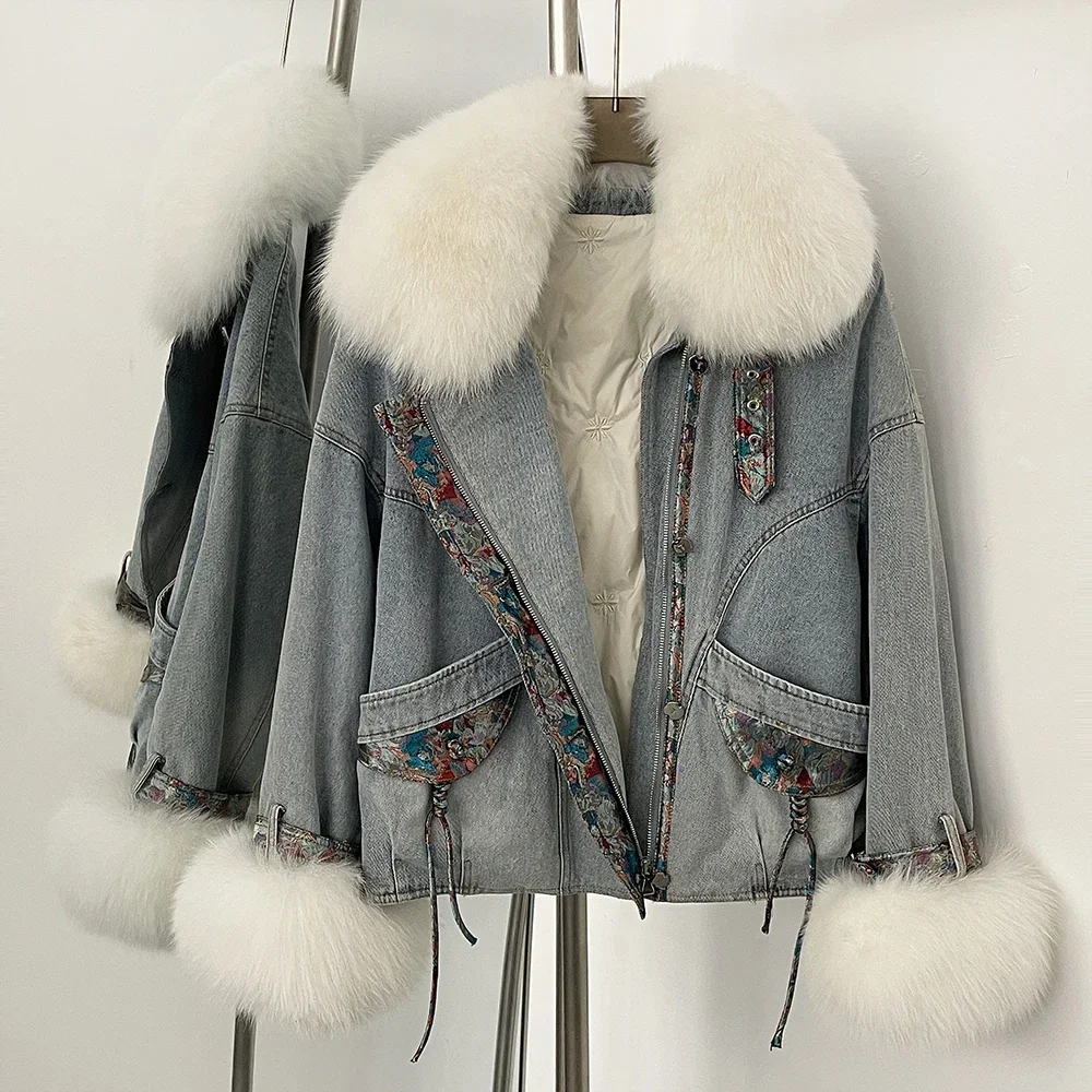

2025 Women New Fur Jacket Winter Goose Down Coat Female Real Fox Fur Collar AutumnDenim Jacket Thick Warm Puffer Jacket Lady