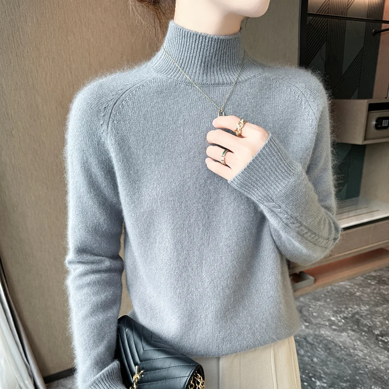 

Women's 100% Cashmere Sweater Casual Solid Knit Pullover Tops Loose Thickened Blouse Half High Collar Basic Jumper