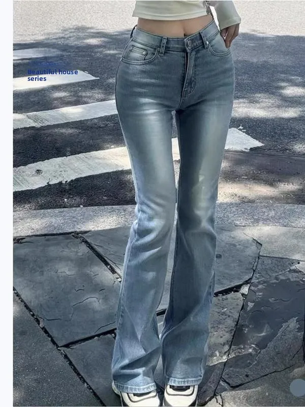 

Kindam Dongda Gate Vintage Waed l Waist Slimming Bell Bot Jeans High Waist Long Pants Cotton Stretch Denim Blue