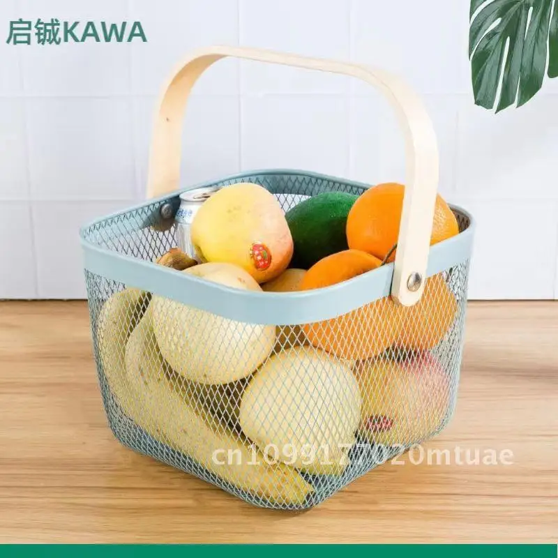

Handcrafted Iron Art Wooden Storage Basket with Hollow Wooden Handle - Multi-Use Fruit Vegetable Drain Basket Gift Basket