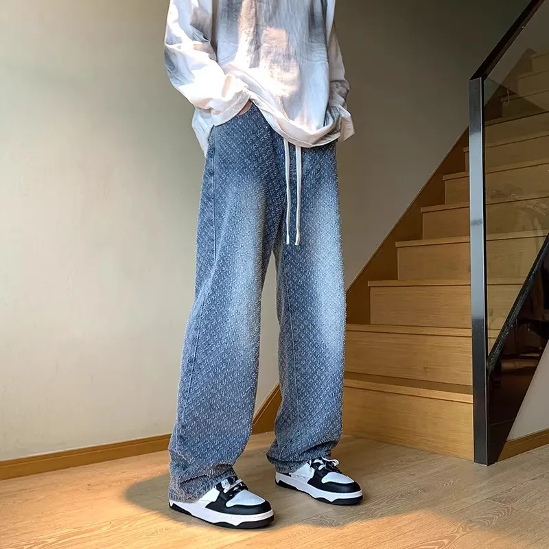 

Мужские джинсы прямого кроя в американском уличном стиле, весенняя коллекция, модный бренд, эффект потертости, средняя посадка, застежка-молния, деним