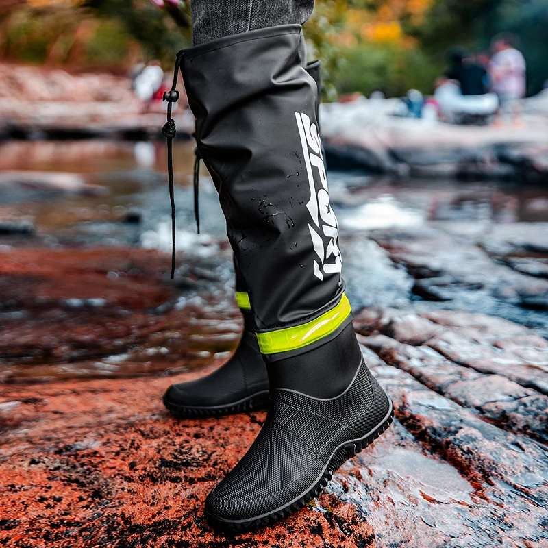 Knee High Foldable Rain Boots Men Women Waterproof Non Slip Rubber Waders Shoes Outdoor Fishing Gumboots Adjustable Drawstring