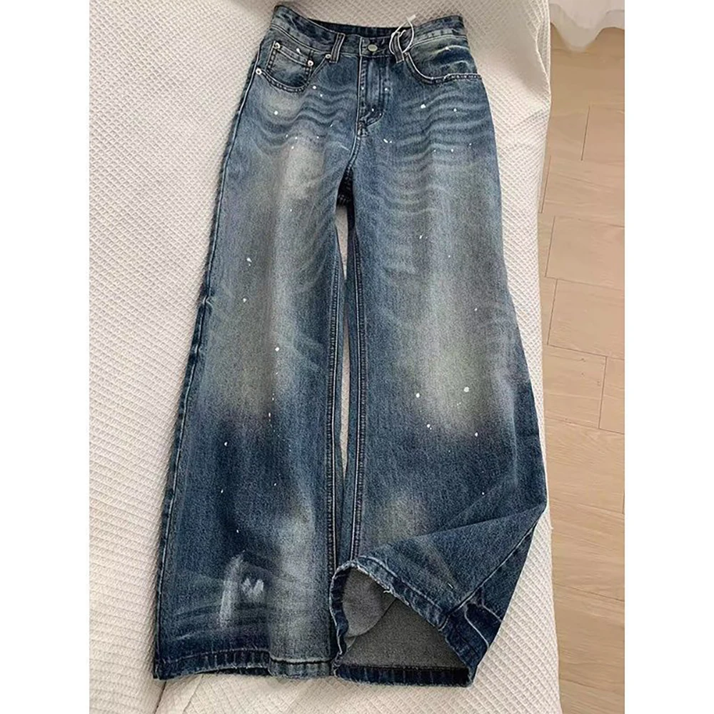 American Style Blue Jeans for Women White Splashed Ink Wide Leg Denim Pants Streetwear Fashion High Waist Straight Loose Jeans
