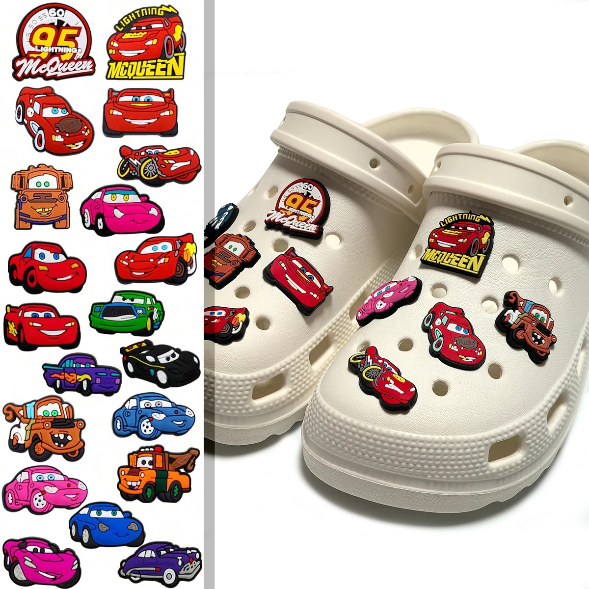 Breloques pour chaussures Cars Lightning McQueen, 10/20 pièces, décorations de chaussures de dessin animé, accessoires de bricolage pour cadeaux de fête d'anniversaire