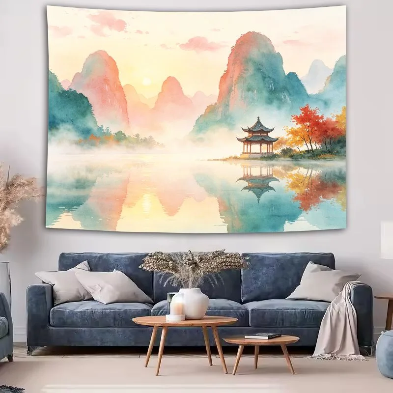 VIKAMA Zen-inspired Watercolour Landscape Tapestry, New Chinese-style Tea Room and Bedroom Home Decor Hanging Tapestry