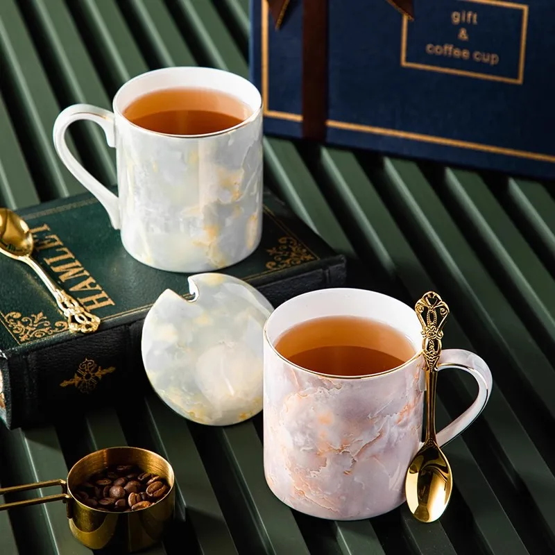 

Bone China Coffee Mug Set, Ceramic Tea Set, Marble Stripe, Luxury Gifts Porcelain Drinkware Couple Cup