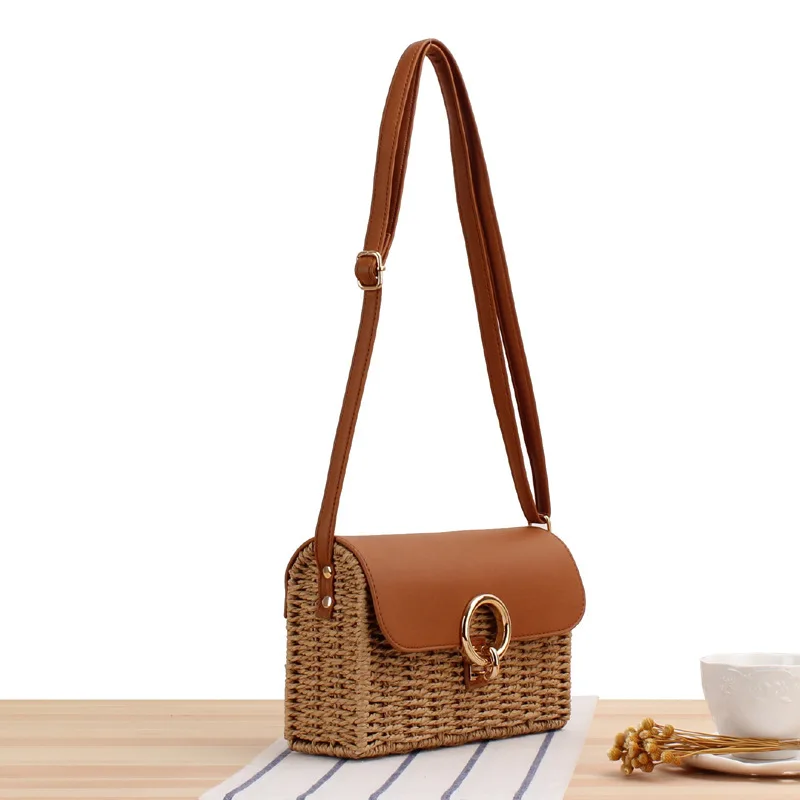 New square lock slung woven bag summer leisure straw bag shoulder beach bag