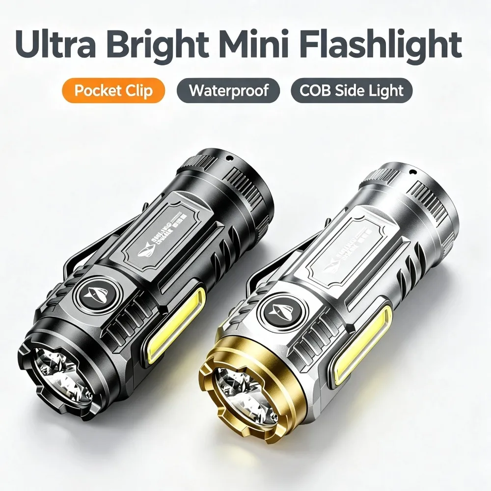 Ultra Bright Mini Flashlight Pocket Clip Hand‑free Work Light With COB Side Light Rechargeable Waterproof Torch Outdoor Work