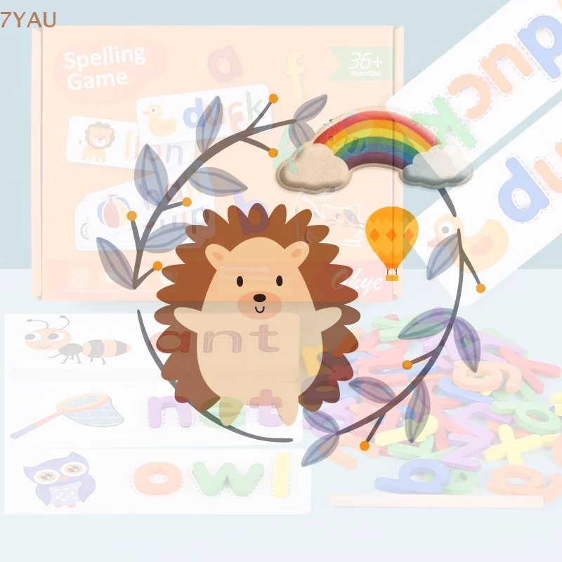 ตัวต่อไม้เด็ก 52 ชิ้น เกมมอนเตสซอรี่ พร้อมการ์ดเรียนรู้ 28 ชิ้น ฝึกสะกดคำภาษาอังกฤษ ตัวอักษรภาษาอังกฤษ ของเล่นเสริมพัฒนาการสำหรับเด็ก