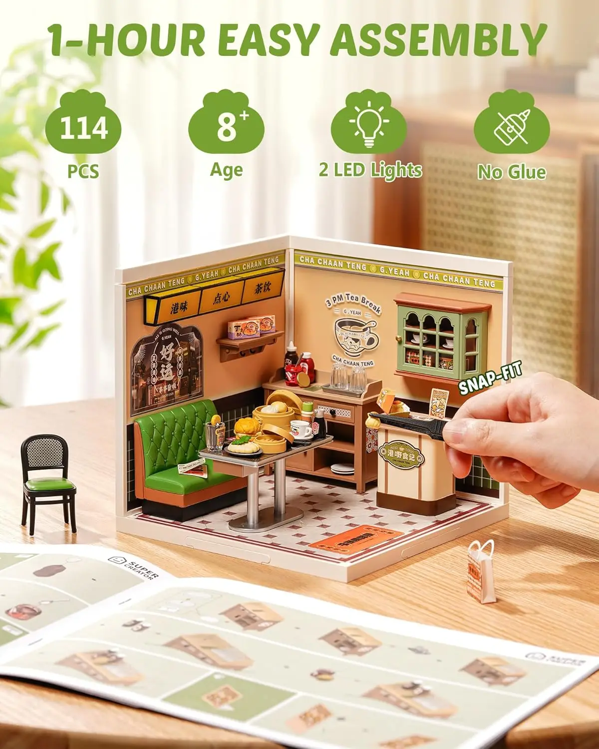 Robotime Super Creator DIY Kit de casa en miniatura Kits de modelos para adultos para construir el hogar escritorio estantería decoración Hong Kong Bites Cafe