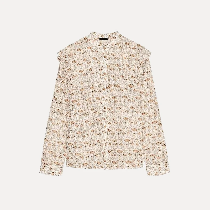 Primavera 2025 Donna Sle Long Sve Stampato Chiffon irt Colletto alla coreana Casual Loose Fit Fibra di poliestere 00% Nuovo arrivo