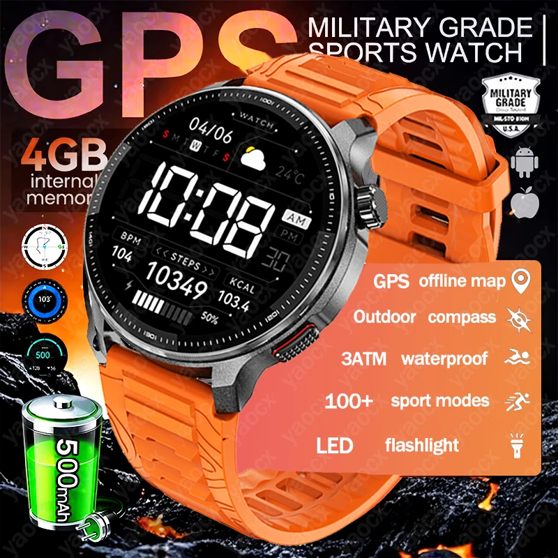 

New Men Military GPS Map Smart Watch 4GB Memory 1.43inch AMOLED Watch 500mAh Battery 3ATM Waterproof Bluetooth Call Smartwatch