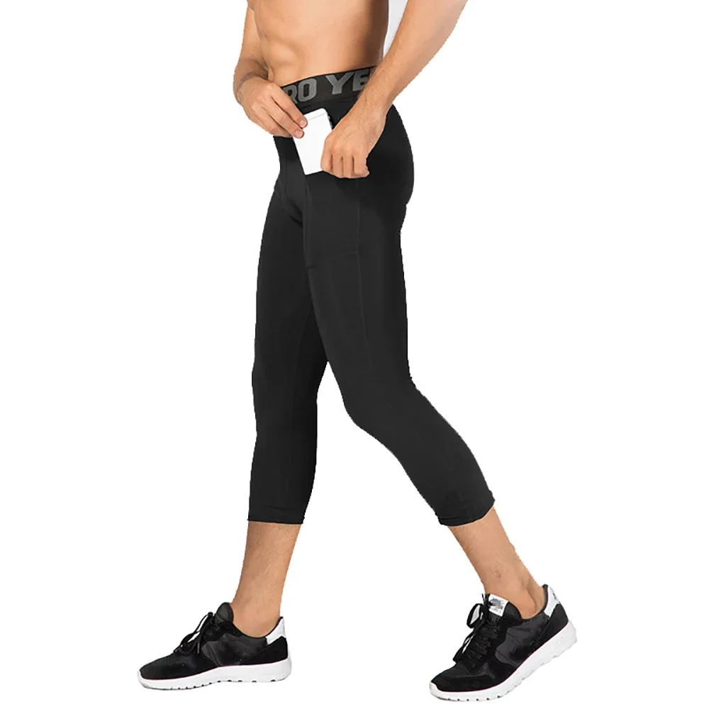 

Men Running Tights with Pocket 3/4 length Sport Leggings Compression Underwear Quick-drying Capri Pants Jogging Fitness Gym