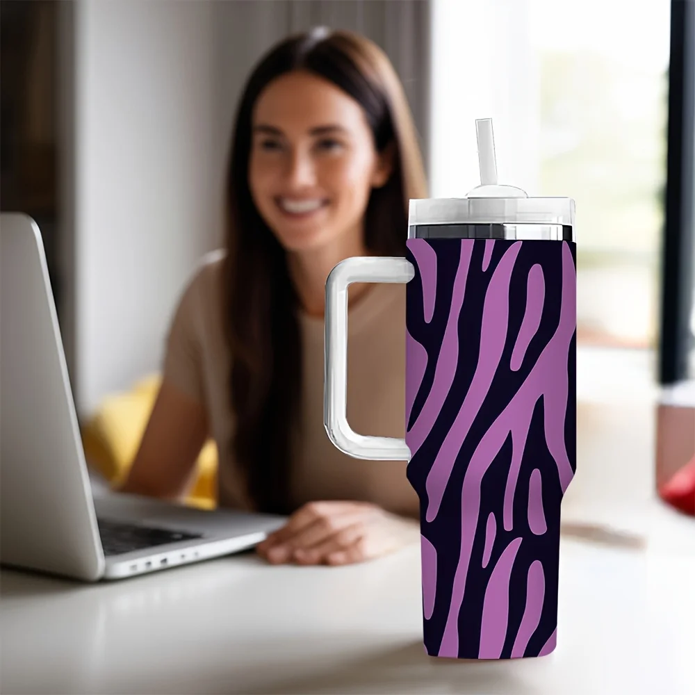 Chic Purple Zebra Print And Pink Leopard Print Animal Pattern Travel Tumbler with Handle And Straw