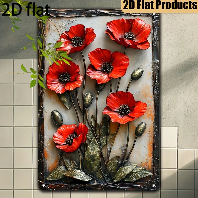 Vintage Poppy Metal Wall Art 2D Flat Rustic Floral Decor Home Office Bedroom Spring Gift 20x30 cm